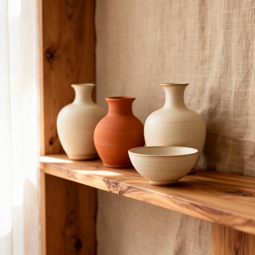 Hand-thrown ceramic vases and bowls in earthy tones on a natural shelf